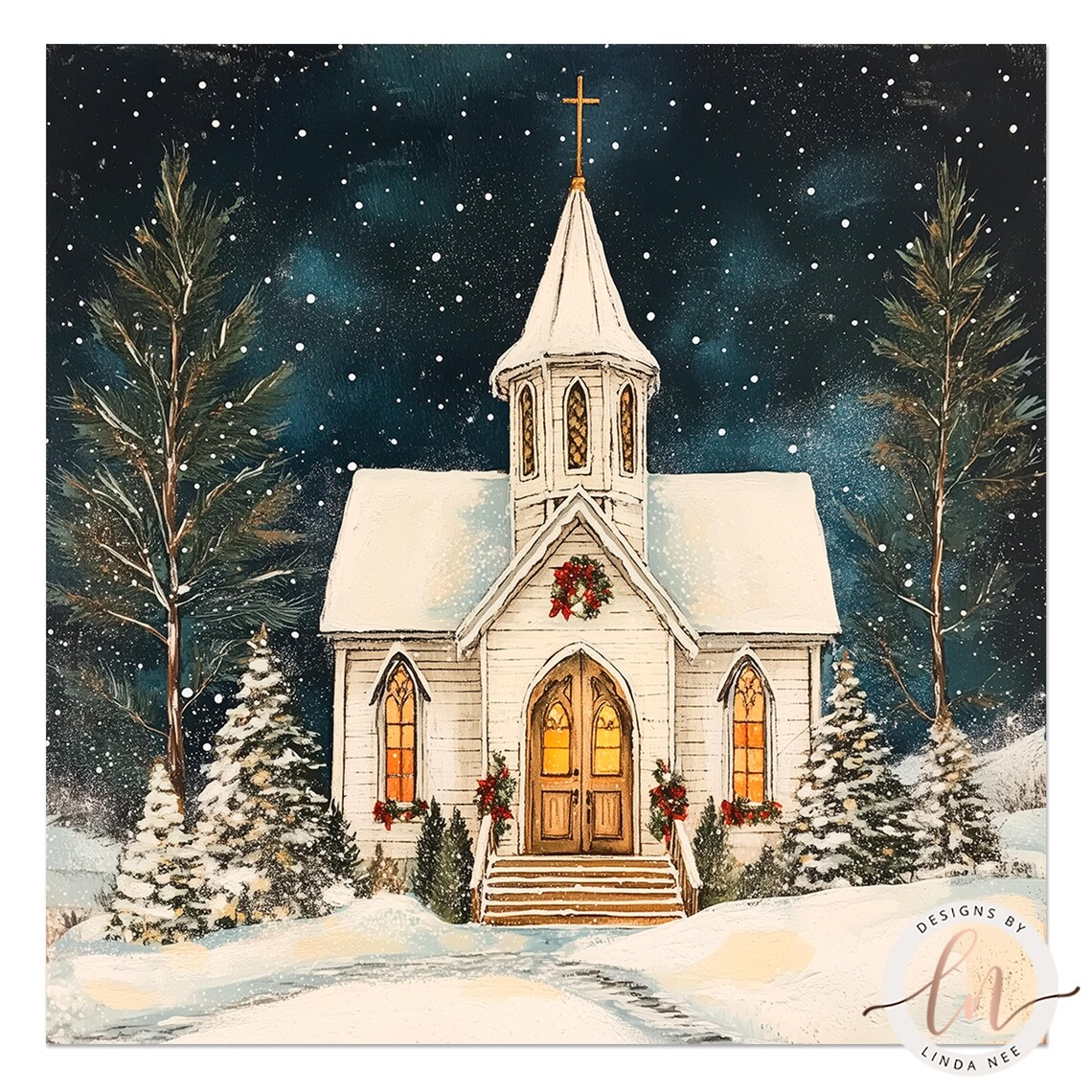 Vintage Church Christmas Scene, Oil-Painting Style Print - Image 4