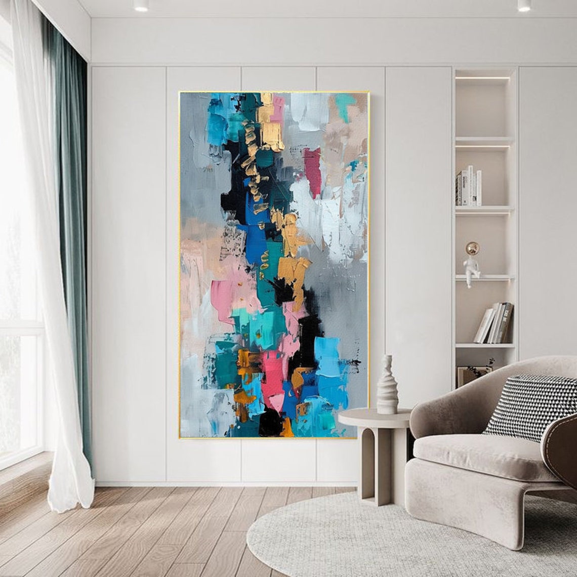 Tall Blue Pink and Gold Vertical Abstract Modern Canvas Poster - Image 2