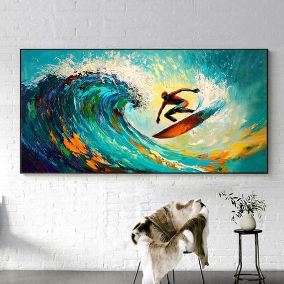 Hand Painted Abstract Oil Painting Surfing Ocean Art Original Wall Art For Living Room Entryway Dining Room