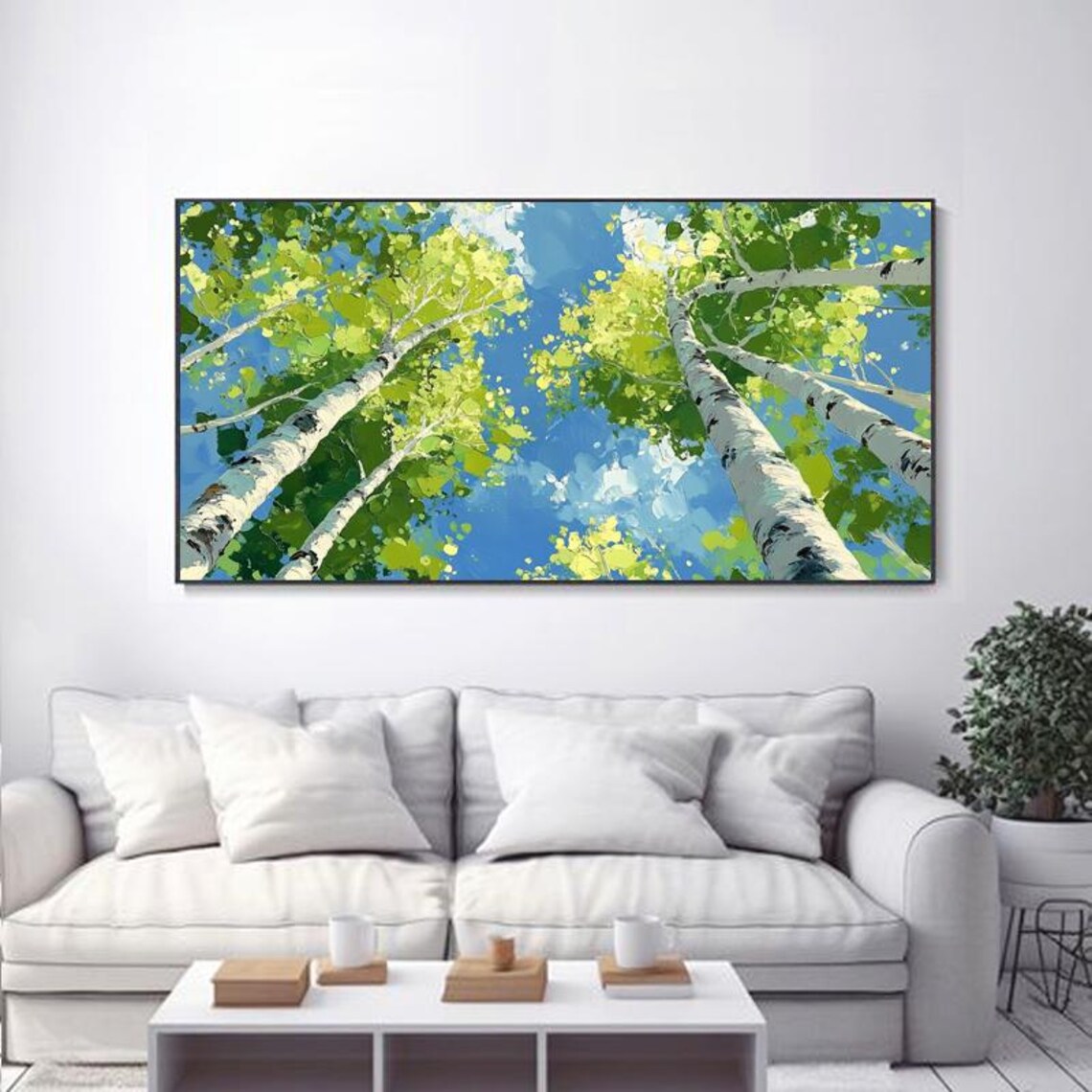 Green Birch Forest Abstract Oil Painting - Image 4