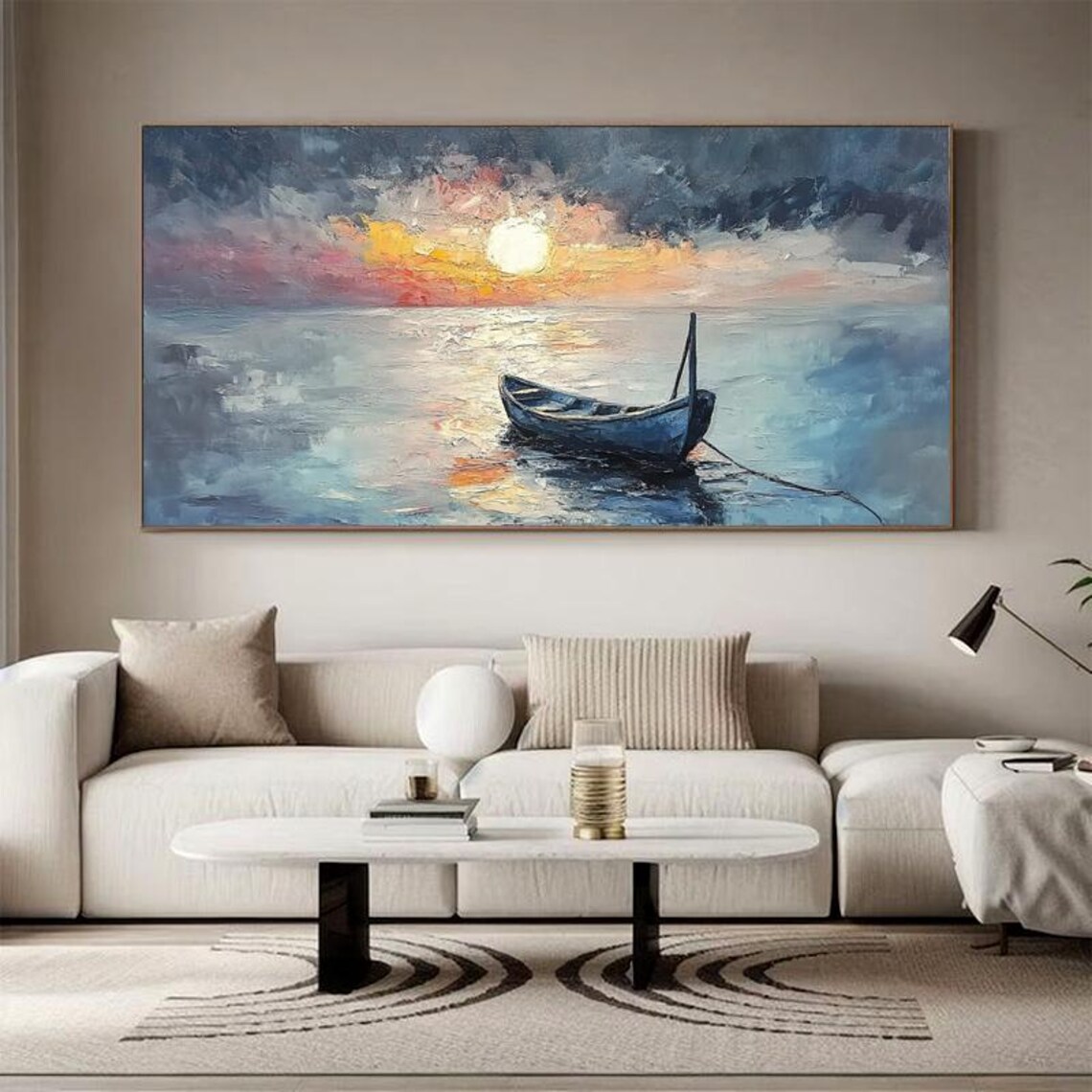 Lone Wooden Boat Drifting Under Moonlight On Calm Night Sea Art Poster - Image 2