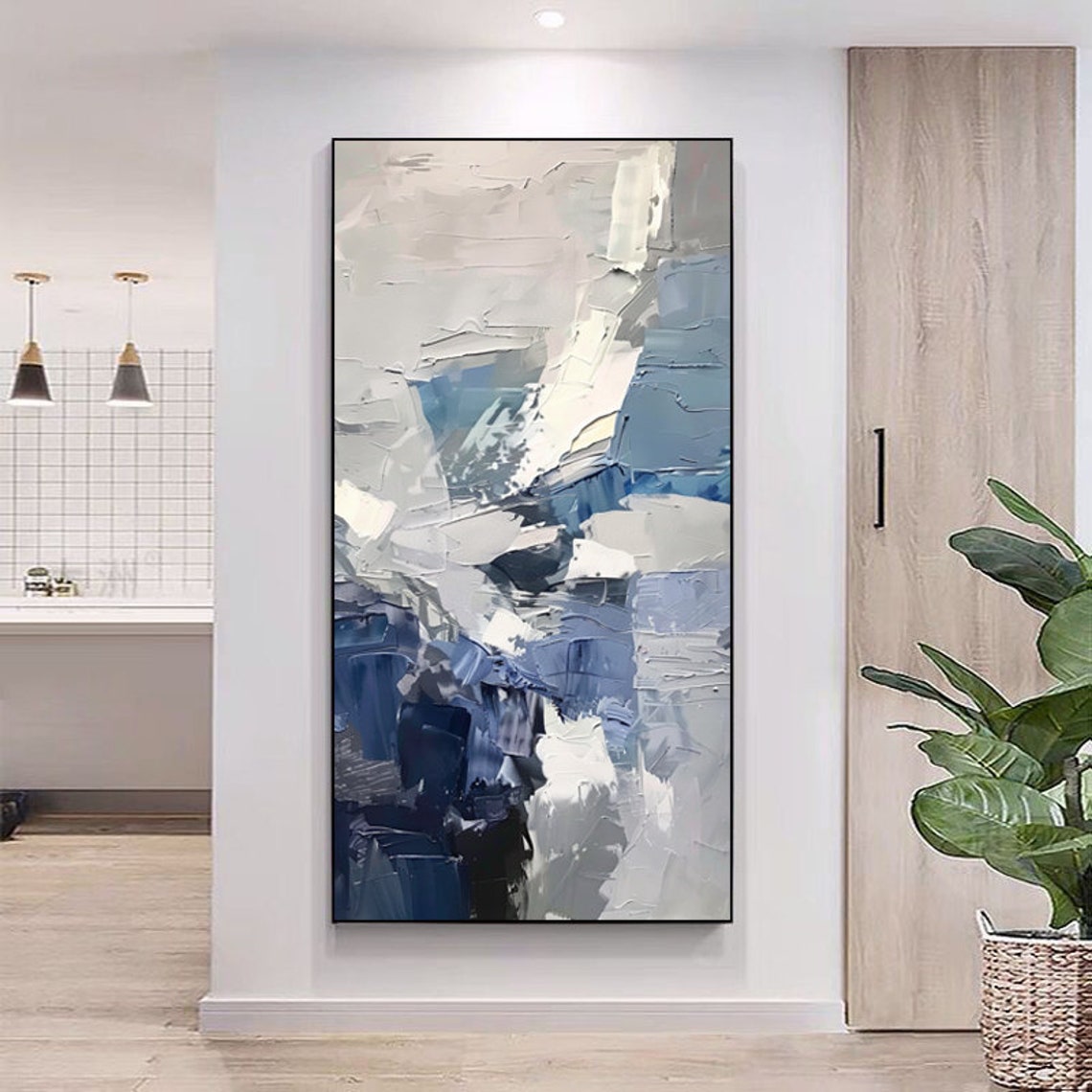 Blue Grey Abstract Vertical Palette Knife Modern Art Painting Poster - Image 6