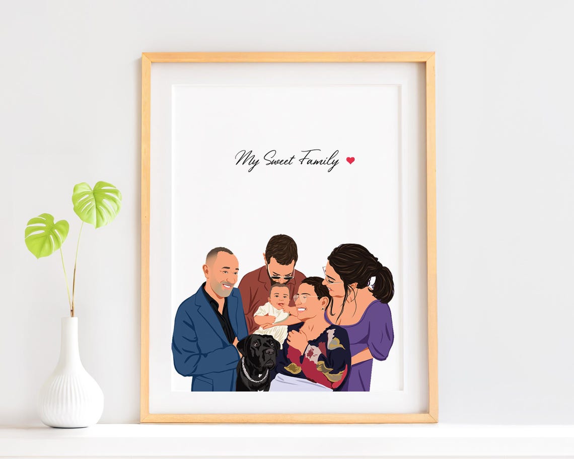 My Sweet Family Custom Portrait Illustration Poster with Pet Dog