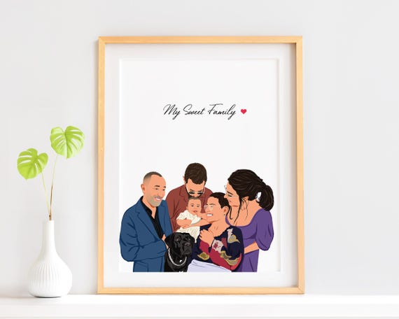 My Sweet Family Custom Portrait Illustration Poster with Pet Dog