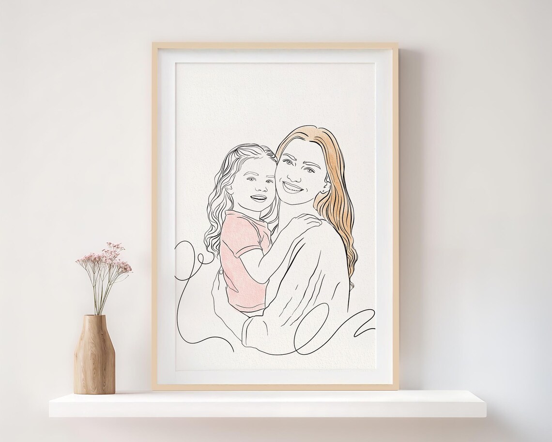 Custom Line Drawing Family Portrait, Gift for Mom