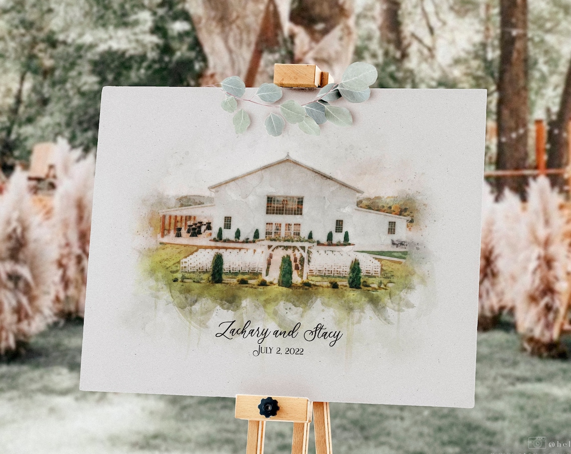 Custom Watercolor Wedding Venue Portrait, Guestbook Ideas