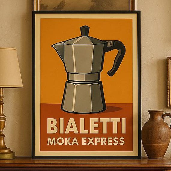 Retro Bialetti Moka Express Coffee Poster Vintage Kitchen Wall Art Midcentury Italian Print