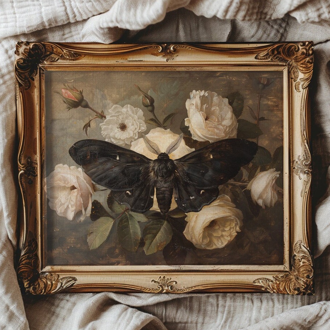 Black Moth On White Roses Dark Academia Floral Still Life Poster