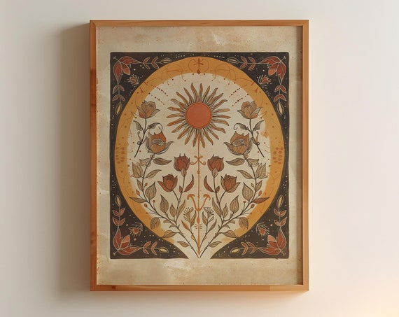 Orange Sun And Roses Botanical Boho Art Print