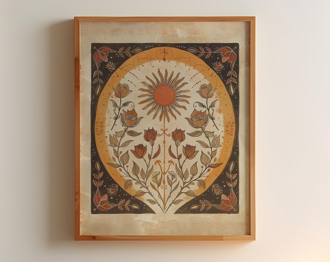 Orange Sun And Roses Botanical Boho Art Print