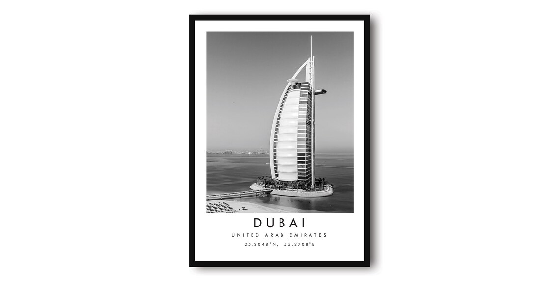 Dubai Travel Print, Black and White Minimalist Poster
