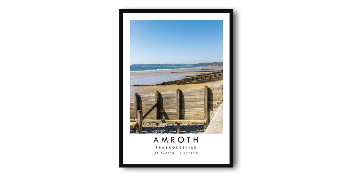 Amroth Pembrokeshire Poster with Sandy Beach and Wooden Groynes
