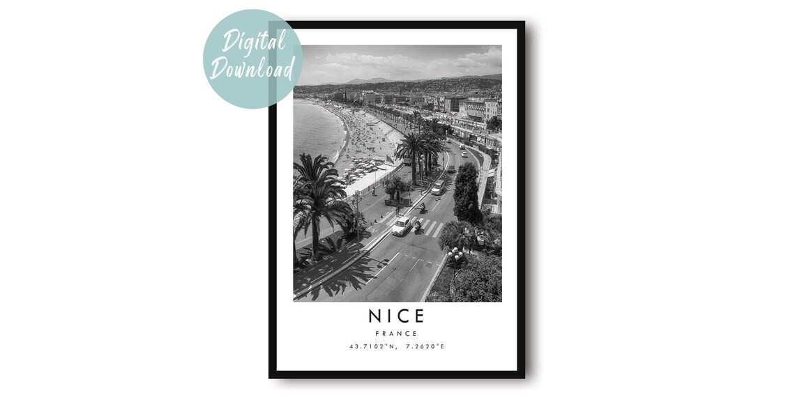 Nice France Black And White Aerial Beach Promenade Photo Poster