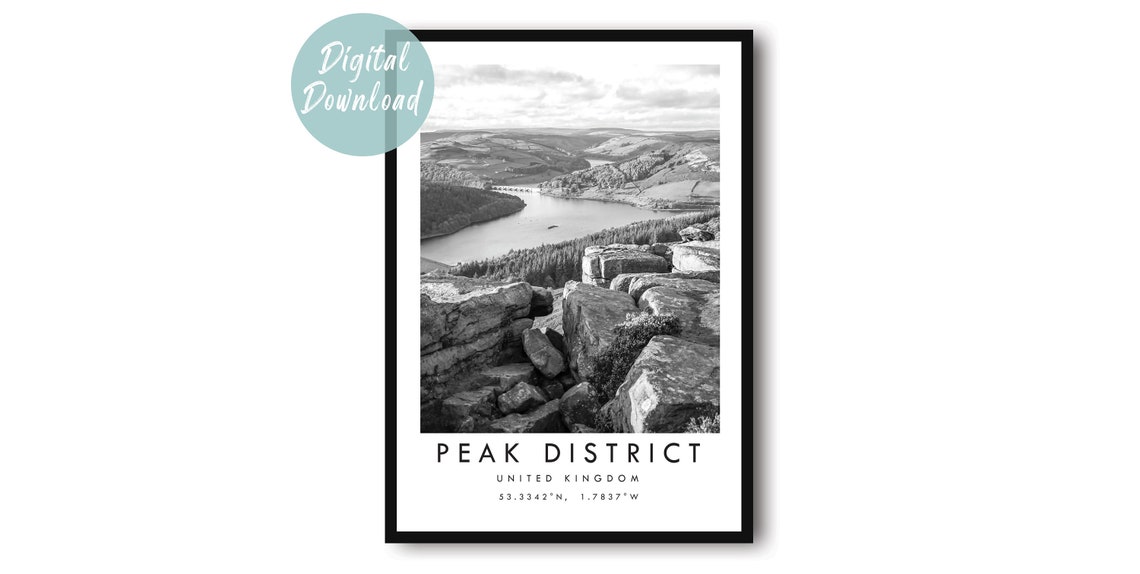 Peak District England Rocky Crag Reservoir Valley Monochrome Poster
