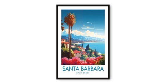 Santa Barbara California Palm Coastline Ocean View Travel Poster