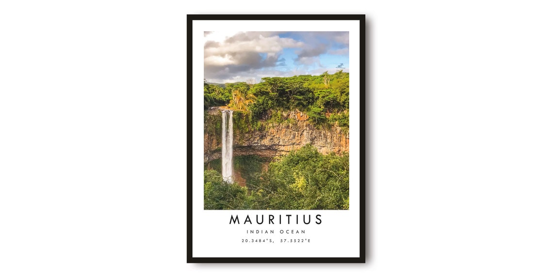 Mauritius Waterfall in Lush Jungle Indian Ocean Travel Poster