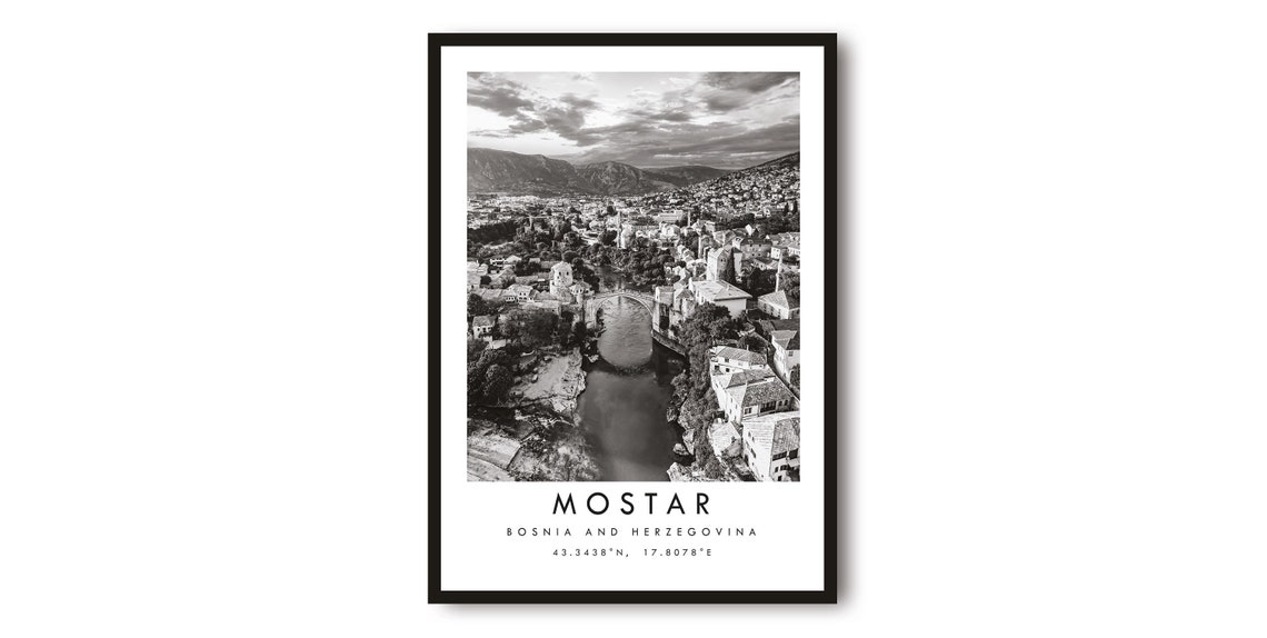 Mostar Bosnia Print Black And White Cityscape Wall Art