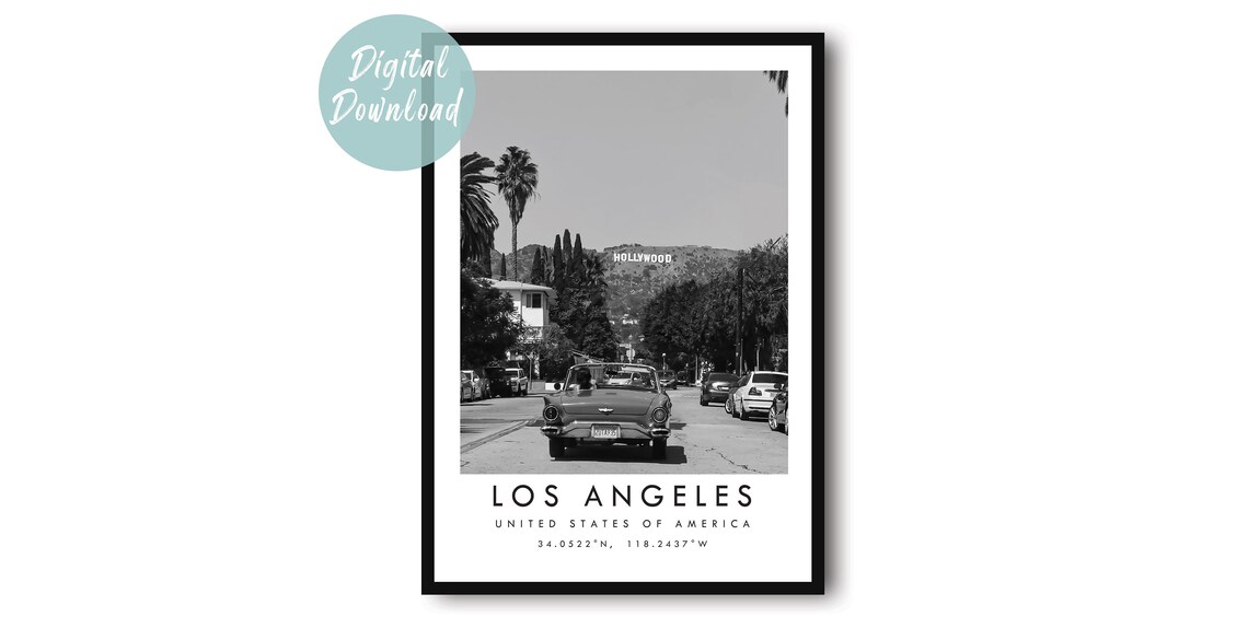Los Angeles Hollywood Sign Classic Car Street Black White Poster