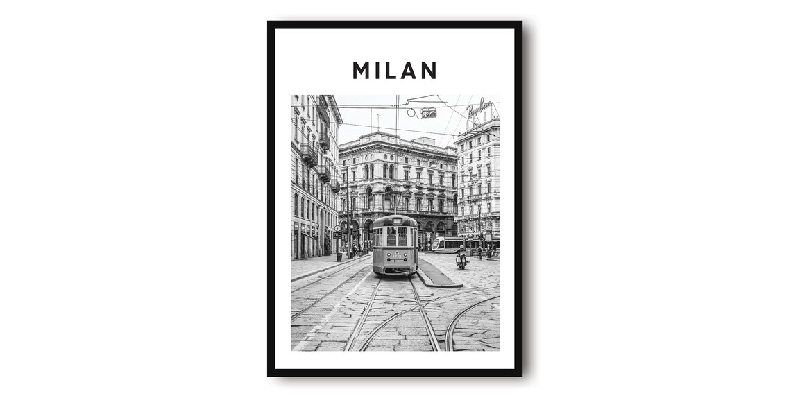 Milan Italy Black And White Tram Street Minimalist Travel Poster
