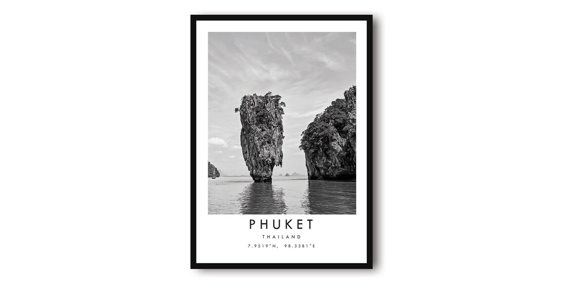 Phuket Travel Poster, Black and White Wall Decor