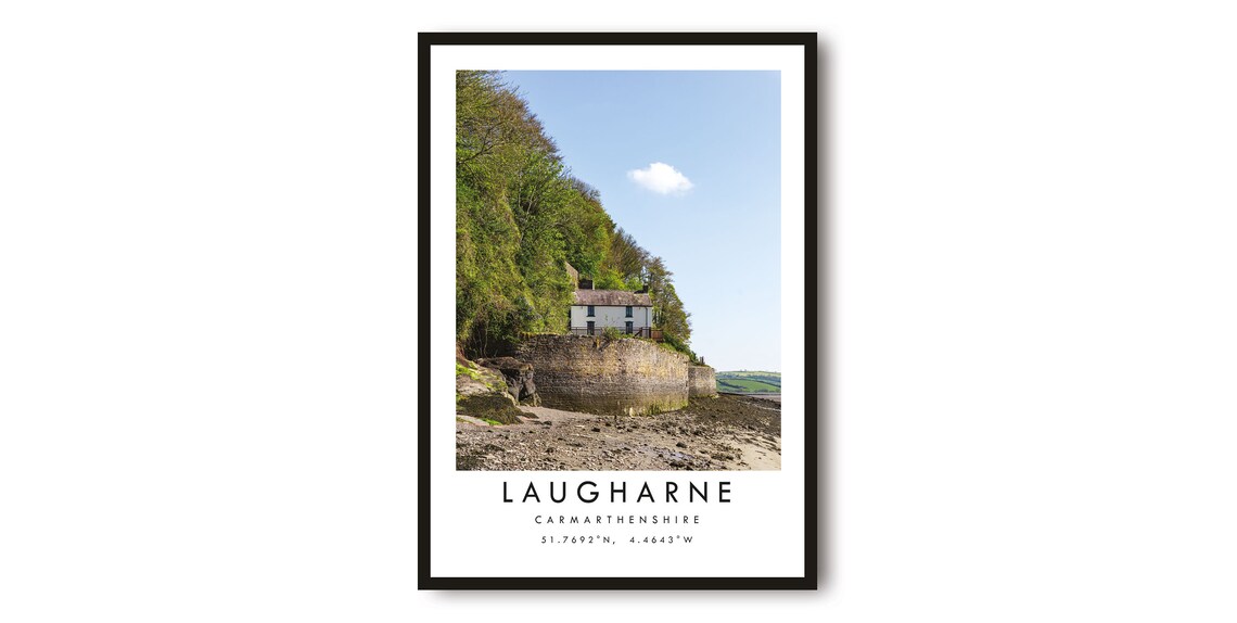 Laugharne Carmarthenshire Poster with White Quay House at Low Tide