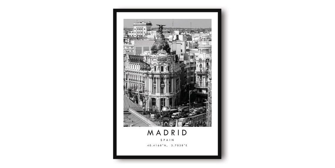 Madrid Spain Black and White Cityscape Metropolis Travel Poster