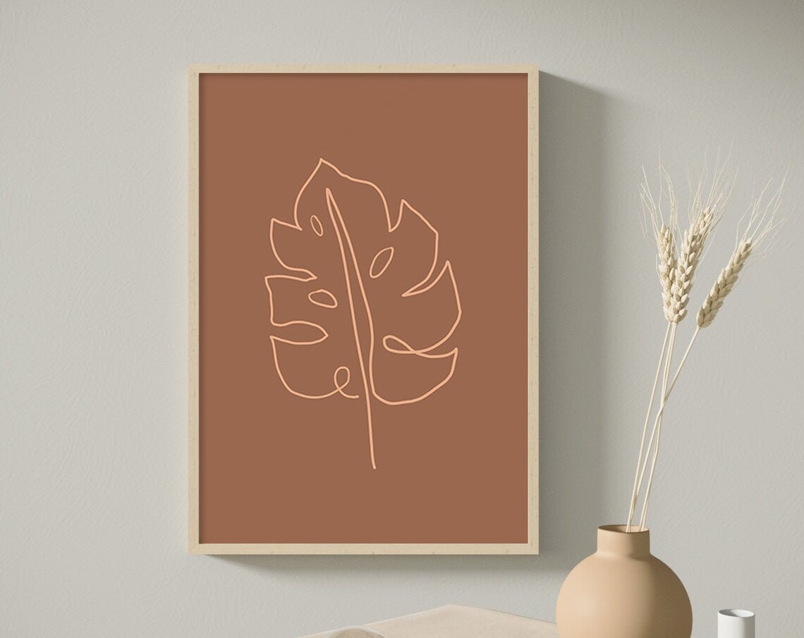 Terracotta Monstera Leaf Line Art Minimal Botanical Wall Poster - Image 3