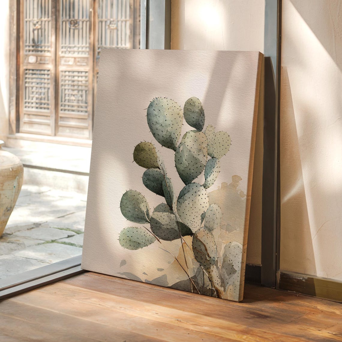 Desert Prickly Pear Cactus Watercolor Minimal Sage Botanical Poster