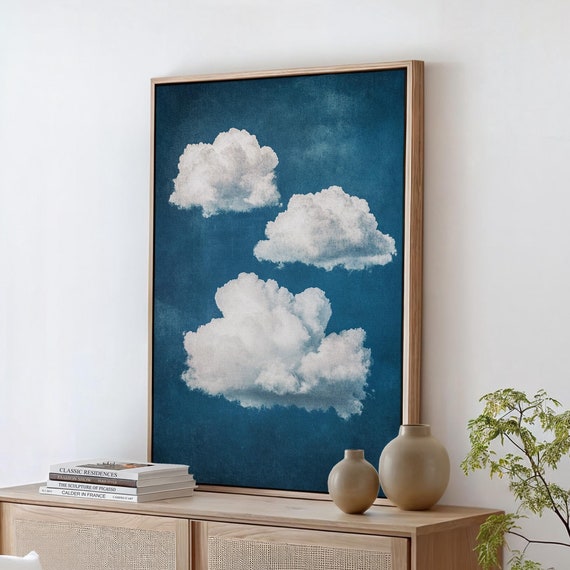 Vintage Sky Cloud Wall Art White Clouds On Blue Background Rustic Dreamy Artwork For Bedroom Office Or Living Room Decor