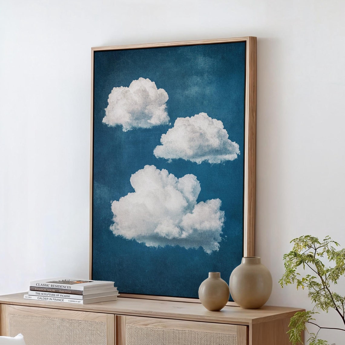 Three White Clouds On Deep Blue Vintage Textured Sky Art Poster