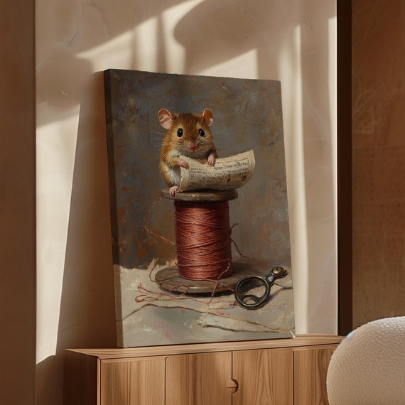Vintage Mouse Art Whimsical Rodent Painting Cottagecore Animal Wall Decor Rustic Sewing Room Print Cozy Country Home