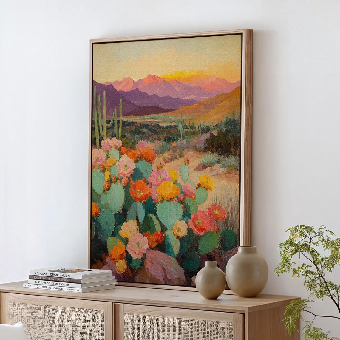 Vibrant Desert Cactus Flower Art Southwest Landscape Sunset Poster