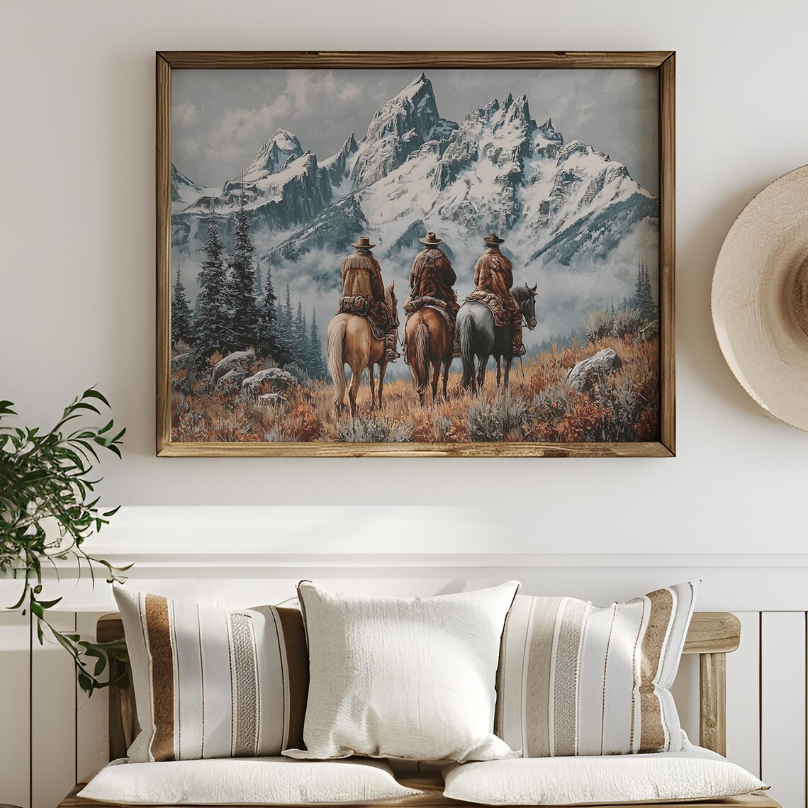 Cowboys Ride Into Snow Capped Mountain Range Art Print