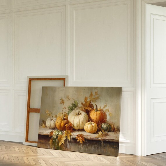 Rustic Autumn Pumpkins Still Life Fall Leaves Vintage Poster