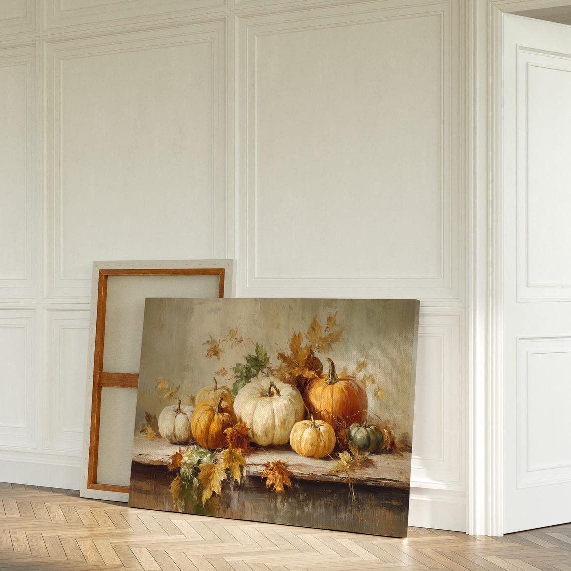 Rustic Autumn Pumpkins Still Life Fall Leaves Vintage Poster