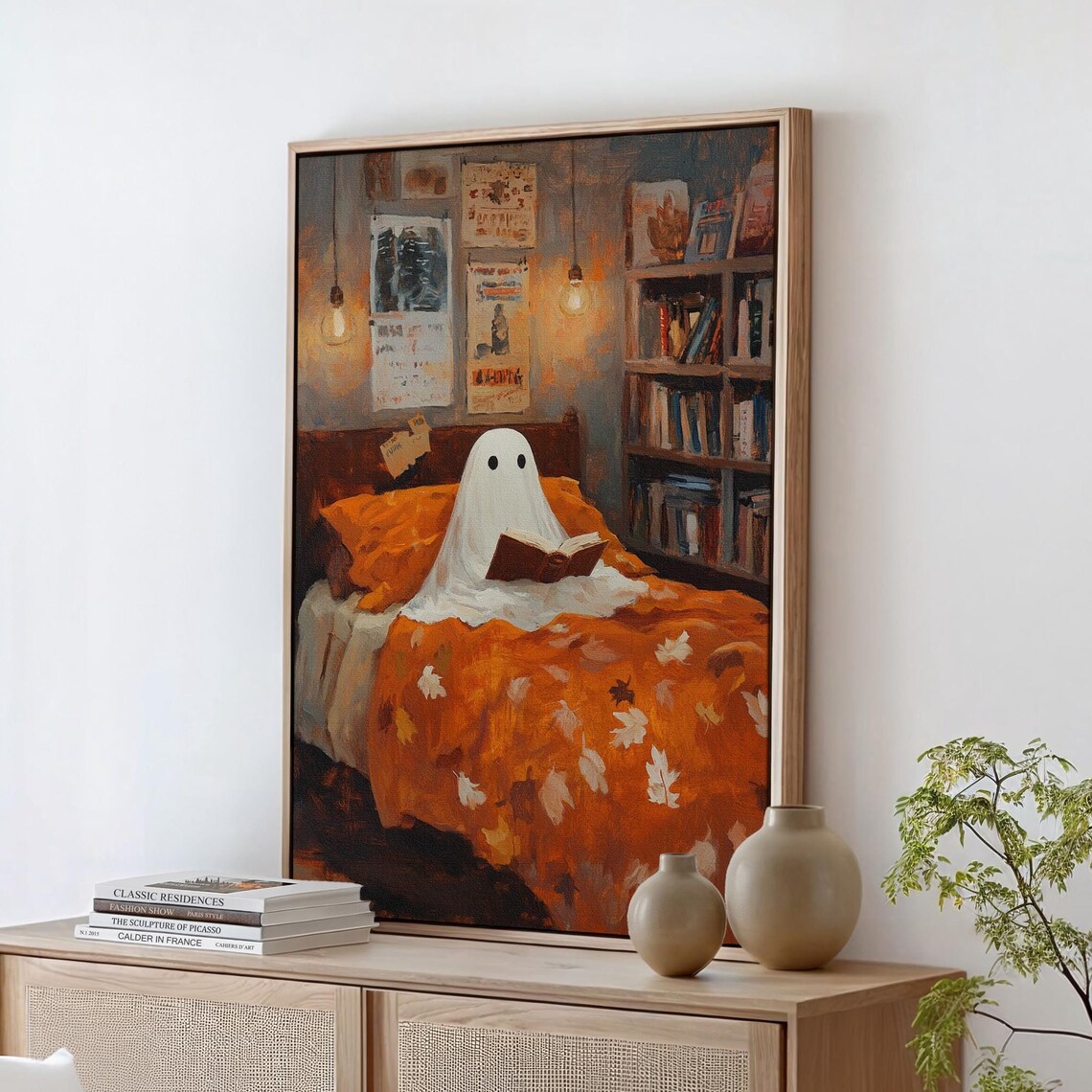 Cozy Ghost Reading, Whimsical Autumn Halloween
