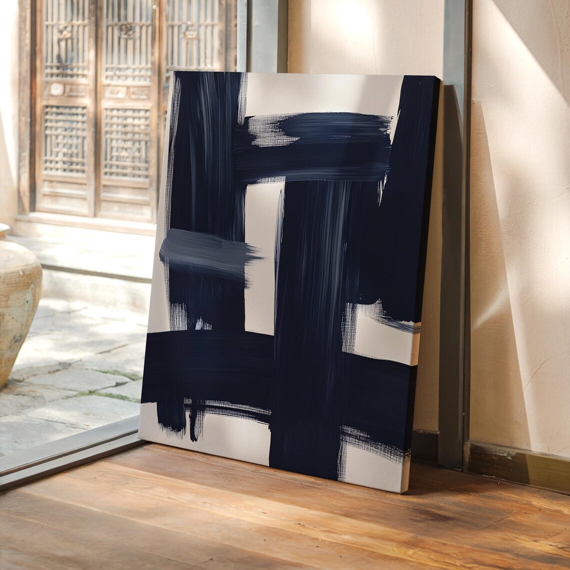 Midnight Navy Abstract Brushstroke Modern Canvas Wall Poster