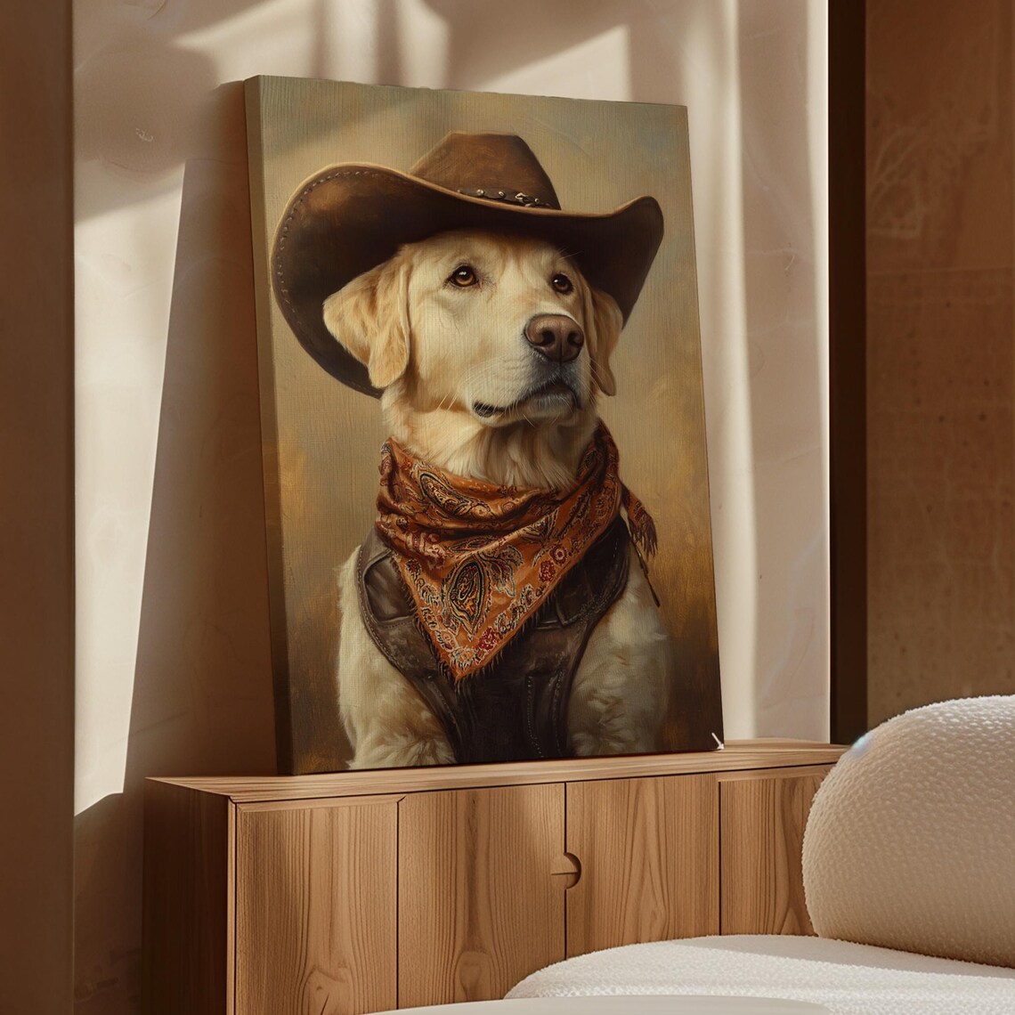 Golden Retriever Cowboy Hat Bandana Vest Western Dog Portrait Poster