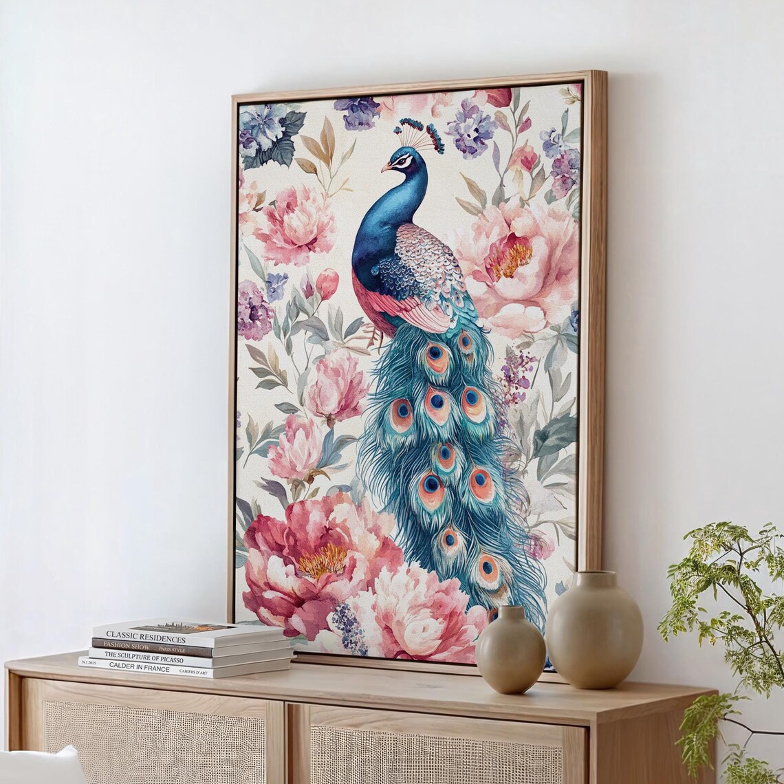 Elegant Peacock Pink Peonies Floral Watercolor Boho Decor Wall Art