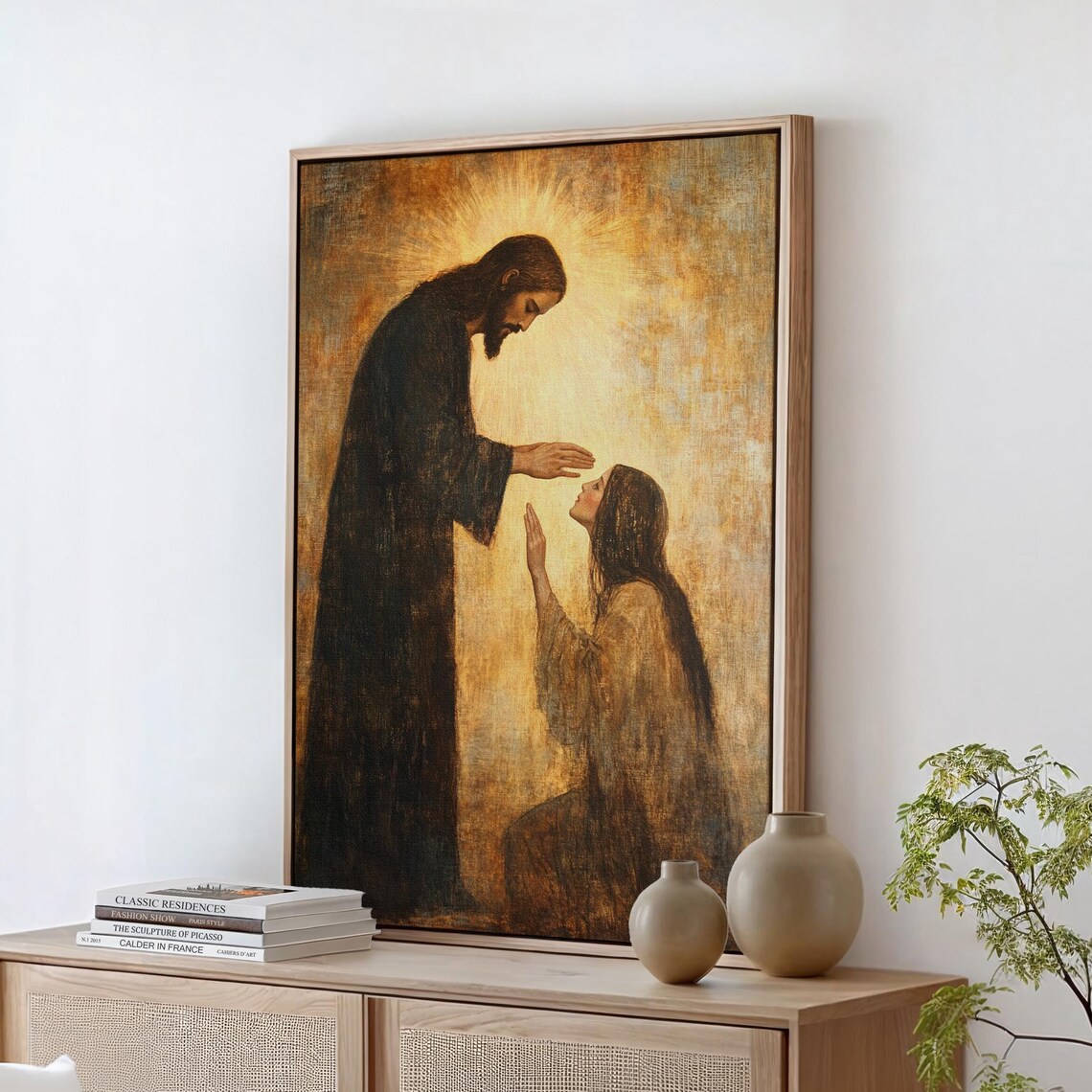 Jesus Laying Hands in Blessing Over a Kneeling Woman in Golden Tones Poster