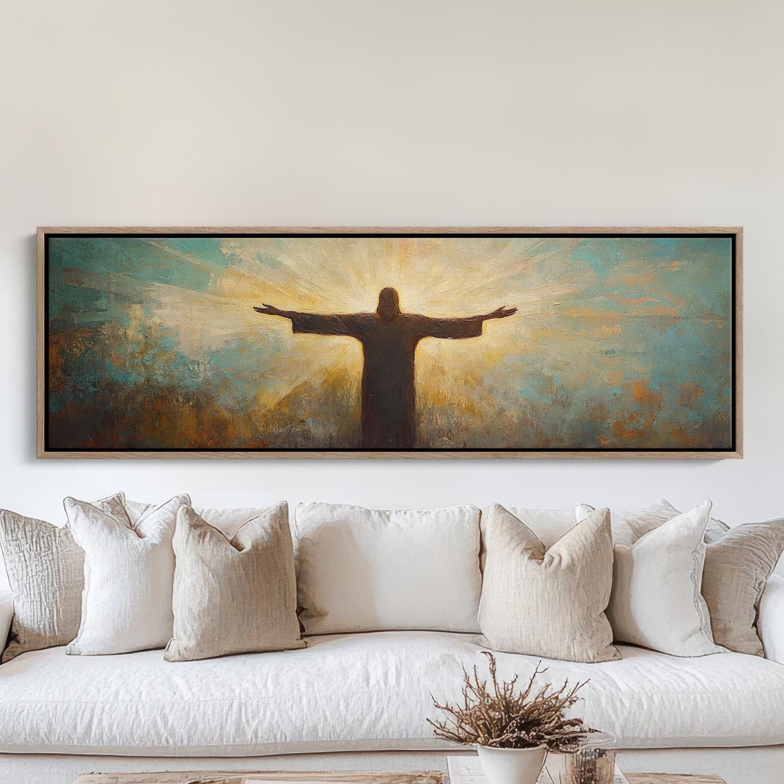 Jesus Christ Silhouette Outstretched Arms Radiant Golden Light Poster