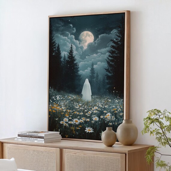 Ghost In Moonlit Daisy Field Night Forest Full Moon Mystical Haunt Poster