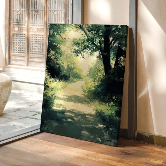 Serene Forest Pathway Bathed In Soft Sunlight Lush Greenery And A Tranquil Peaceful Walk Through Natures Embrace