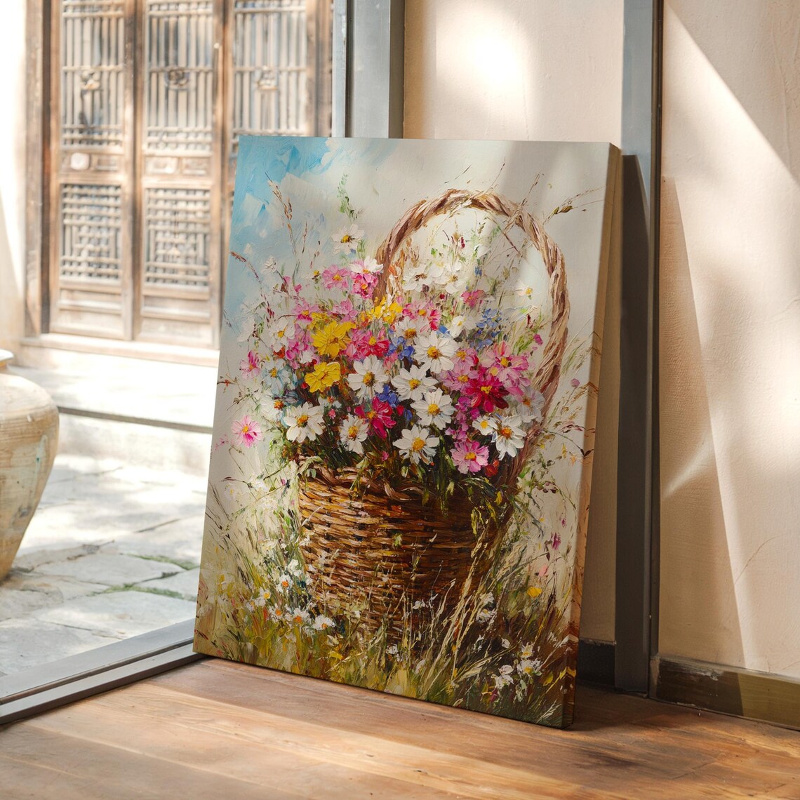Wicker Basket Of Wildflowers Daisy Meadow Colorful Floral Poster