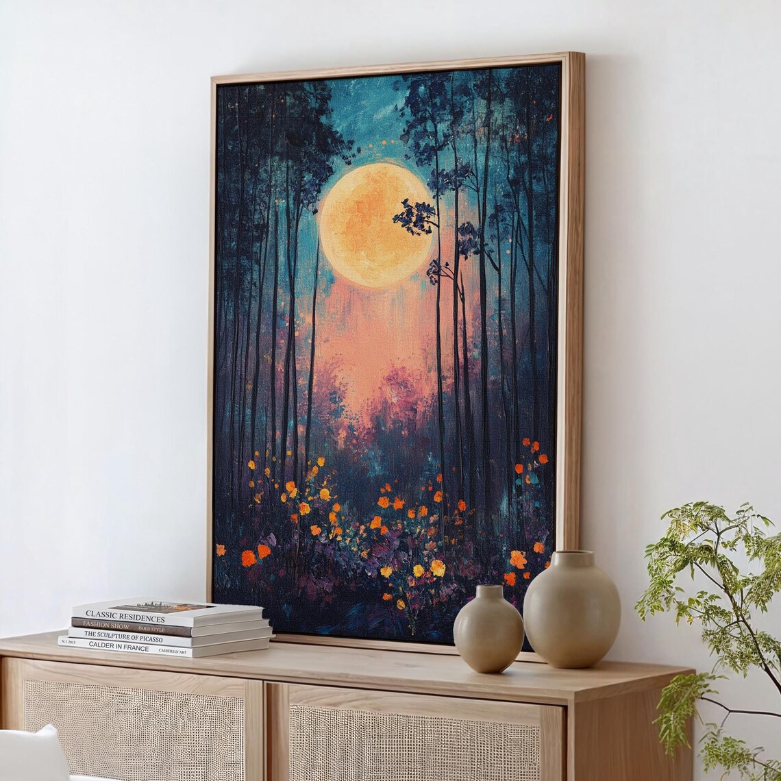 Glowing Full Moon Over Night Forest Wildflowers Pink Sky Poster