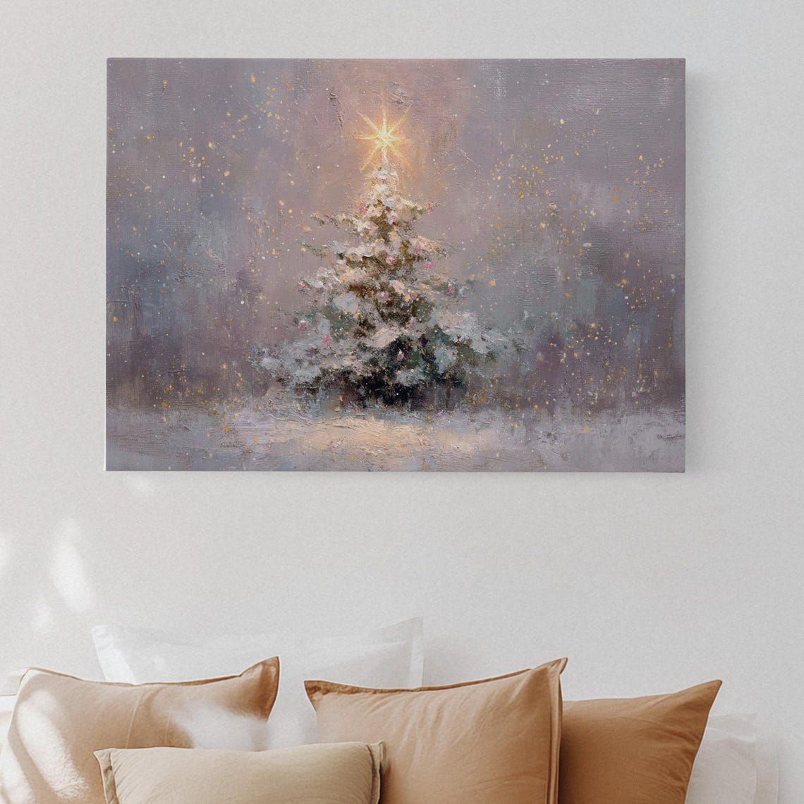 Snowy Christmas Tree with Glowing Star Impressionist Art Print