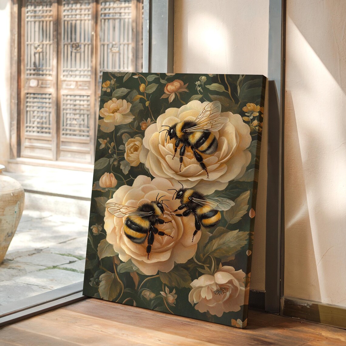 Bumblebees on Cream Roses Vintage Botanical Garden Nature Poster