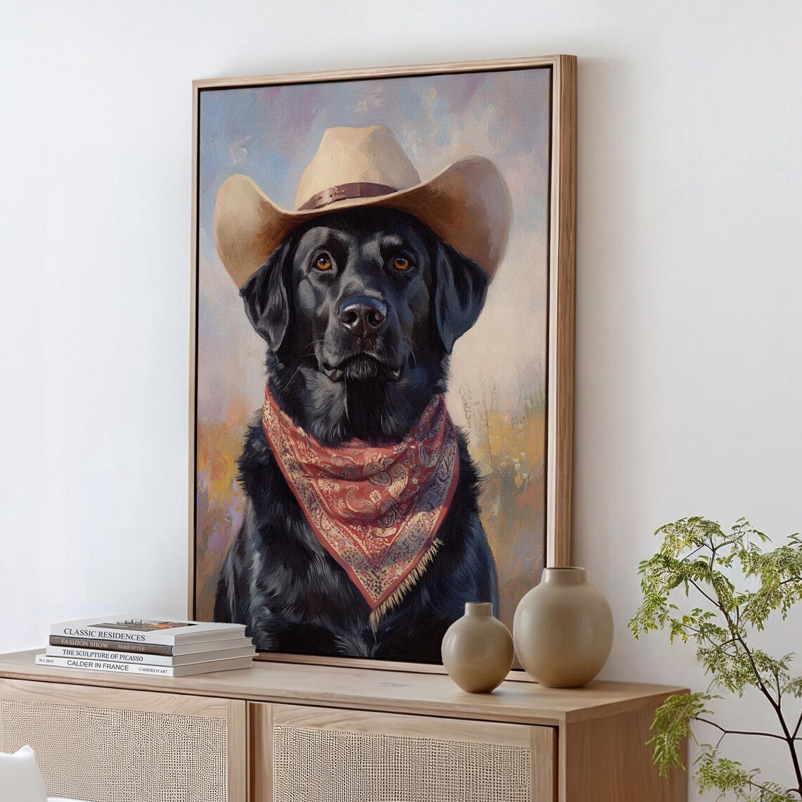 Black Labrador Cowboy Hat Red Bandana Western Dog Portrait Poster