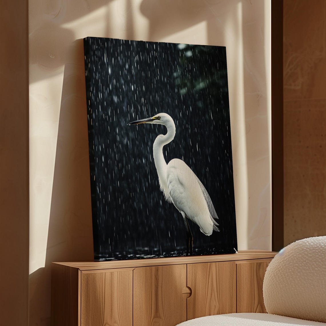 White Egret Standing in Rain Dramatic Dark Wildlife Portrait Poster