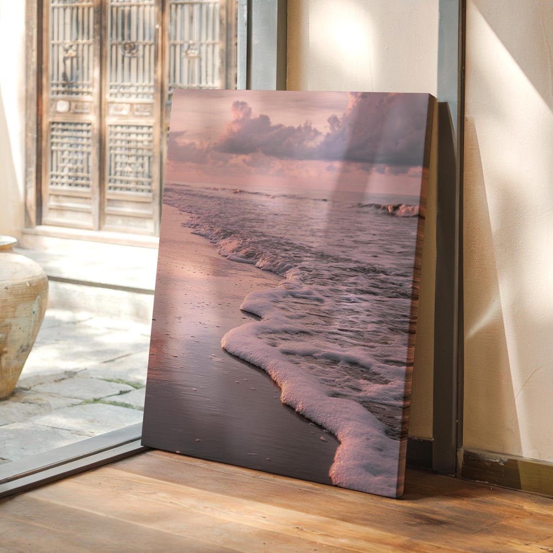 Pink Sunset Beach Foam Photography Romantic Coastal Waves Poster